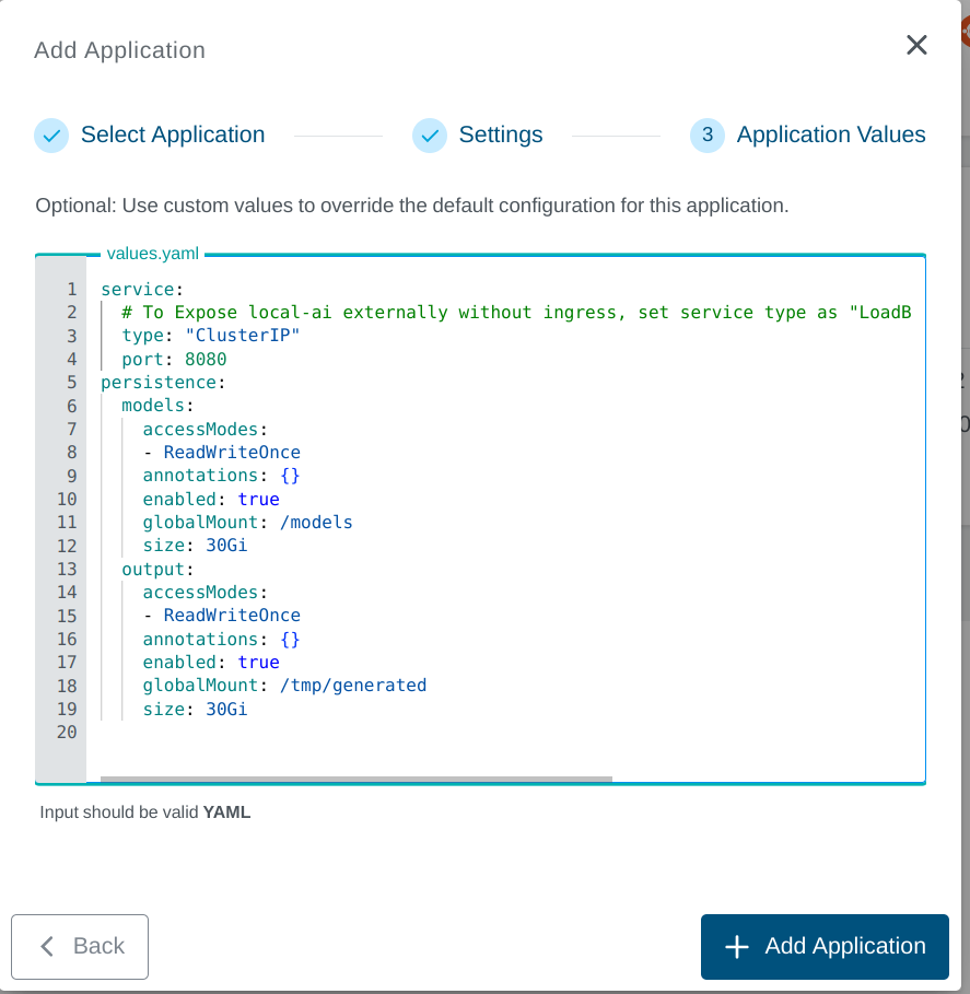 Application Values for LocalAI Application
